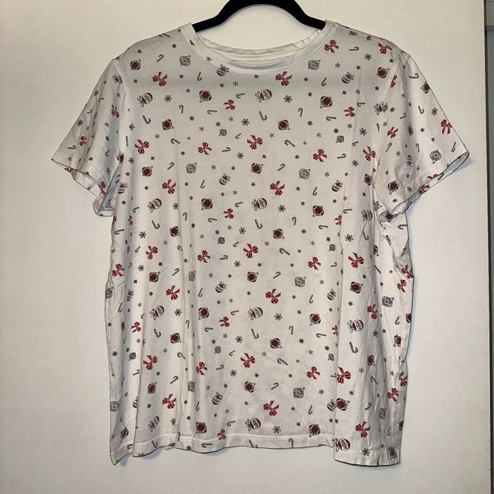 Primark Women’s XL Christmas Theme Icon Short Sleeve Crew Shirt White Red EUC